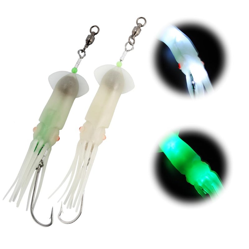 Dr.Fish Saltwater Squid Fishing Lures, 6" LED Lighted Lures 6/0 Hooks Squid Jig Rig Halibut Lincod Jig Offshore Trolling Baits Deep Drop Light Glow in Dark Mackerel Tuna Striper Green & White - Image 1